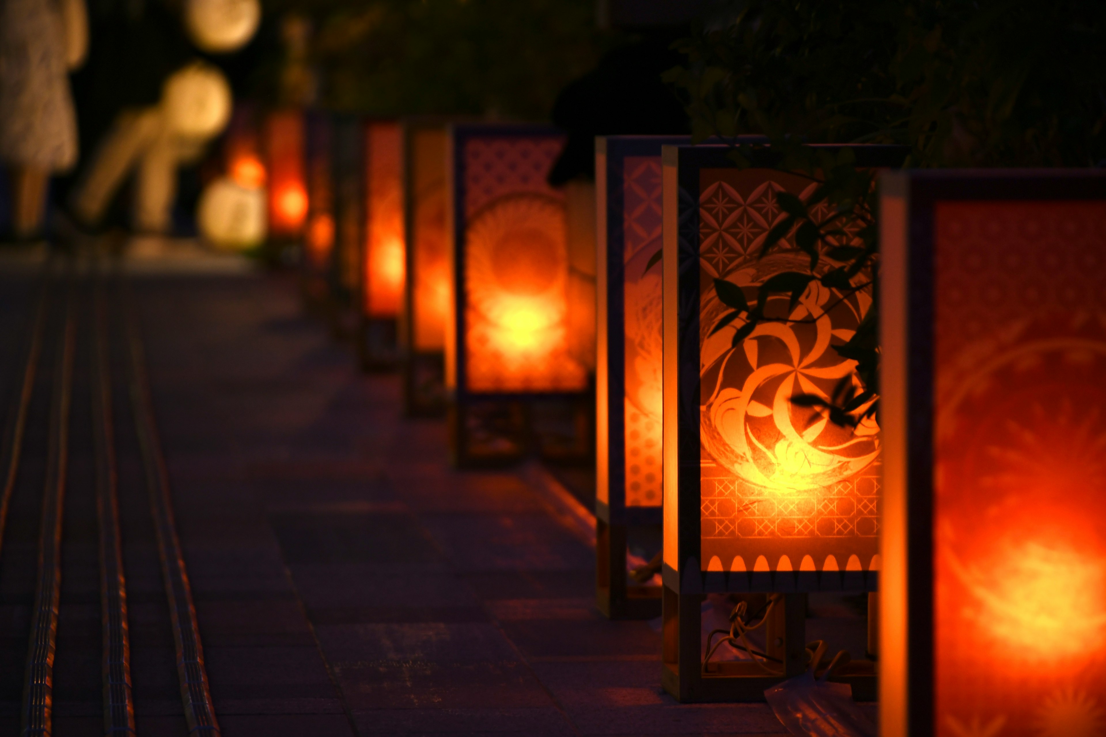 Magnifiques lanternes traditionnelles le long d'un chemin la nuit