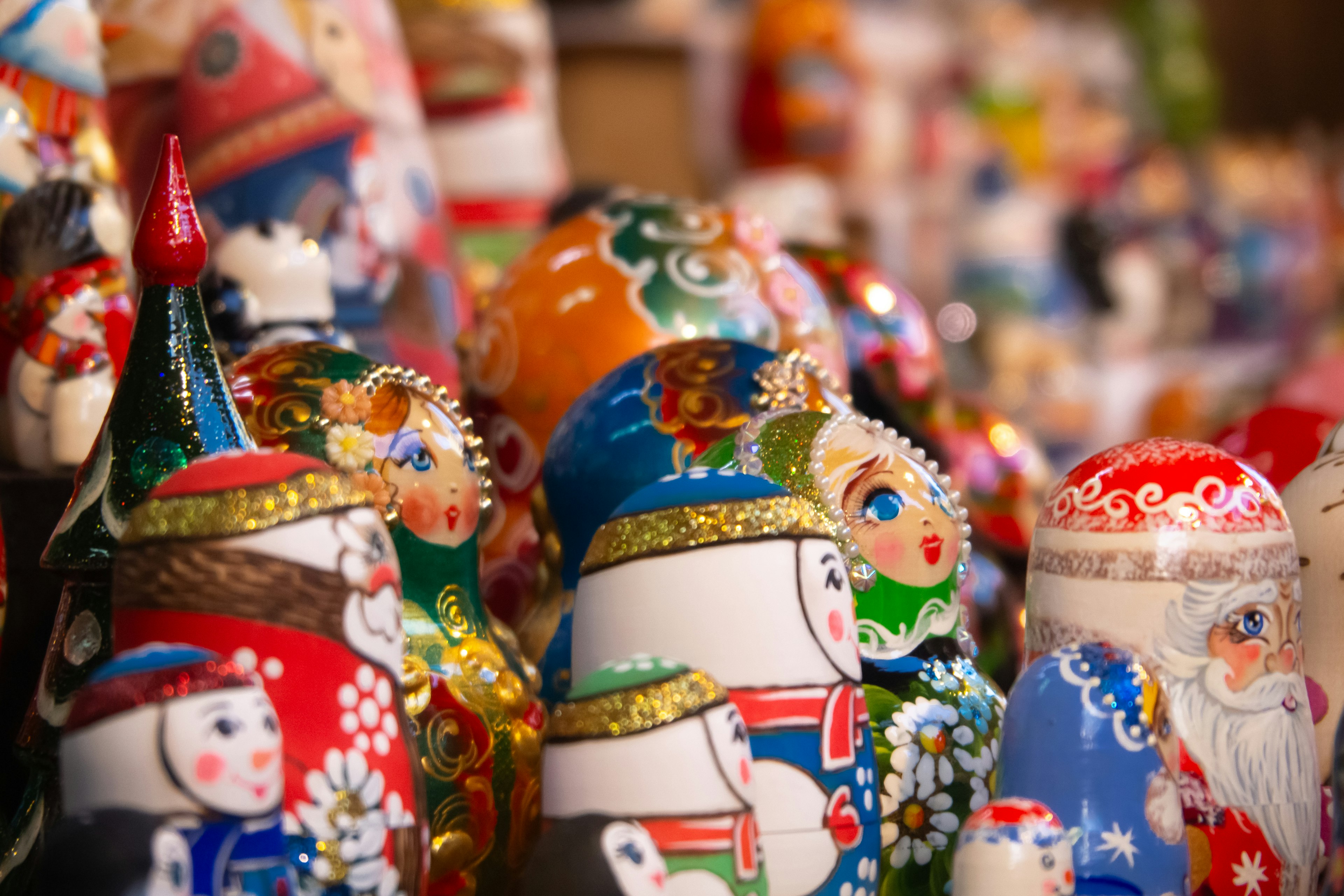 Colorful Matryoshka dolls displayed in a vibrant arrangement